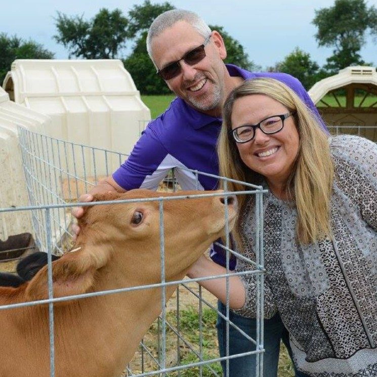 Man and Woman petting brown calf