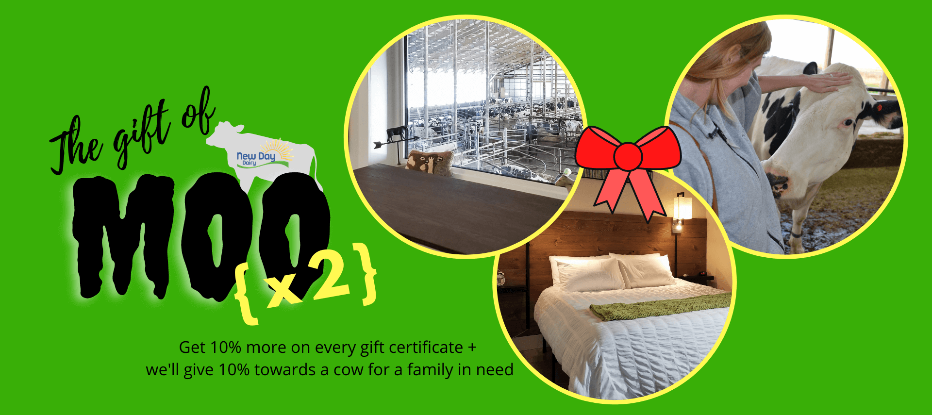 The Gift of Moo Ad with photos of girl petting cow, bedroom, and window looking into a barn.