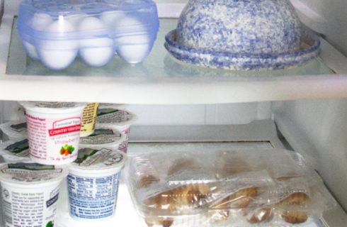 inside of refrigerator holding hard boiled eggs, yogurt containers and dutch letters