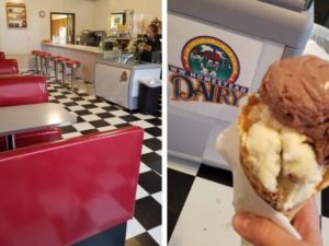 Inside of an ice cream shop with black and white tiles, red stools and an double decker ice cream cone