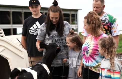 Family petting a calf