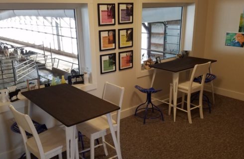 Room with wooden tables and chairs with windows overlooking dairy cow operations