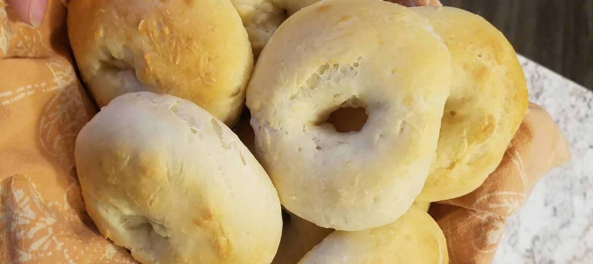 Close up view of bagels in a basket