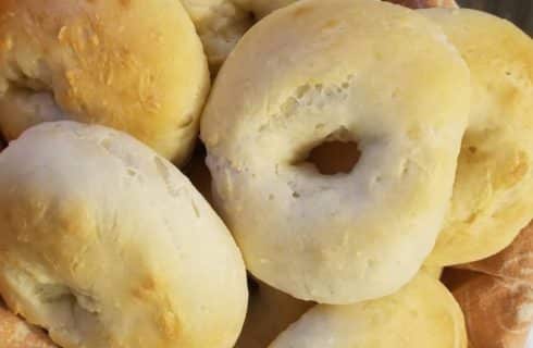 Close up view of bagels in a basket