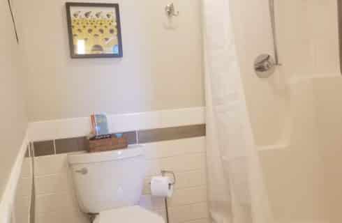 white toilet in modern bathroom with white tile half way up wall next to a walk-in shower with a white shower curtain